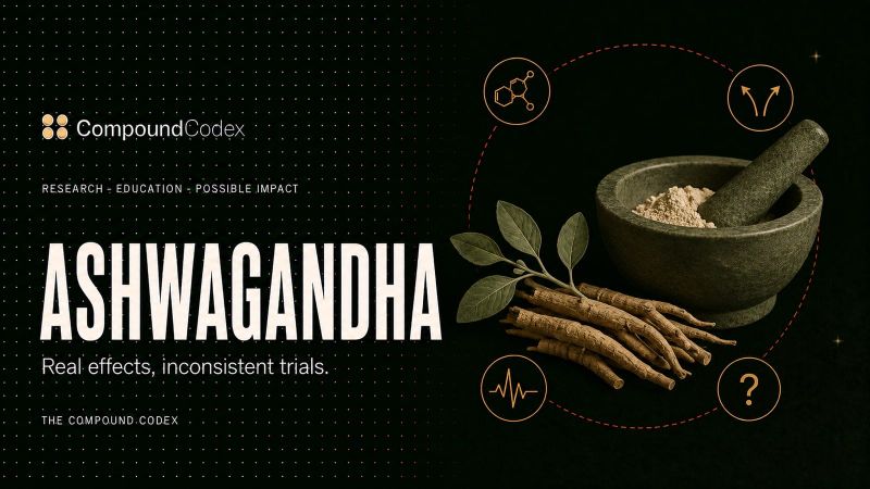 Title card reading Ashwagandha, with roots and leaves beside a stone mortar and pestle, ringed by diverging arrows and a question mark.