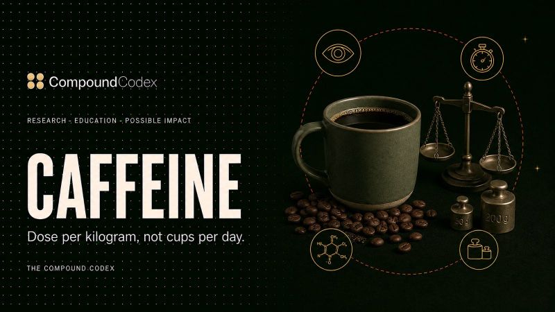 Title card reading Caffeine, with a mug of black coffee, scattered beans and a balance scale with calibration weights.