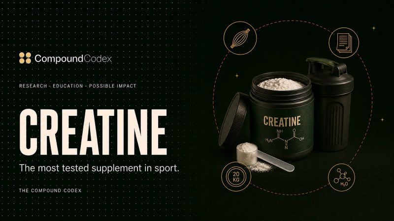 Title card reading Creatine, with a tub of powder, a scoop and a shaker bottle, ringed by a muscle fibre, research papers and a water molecule.