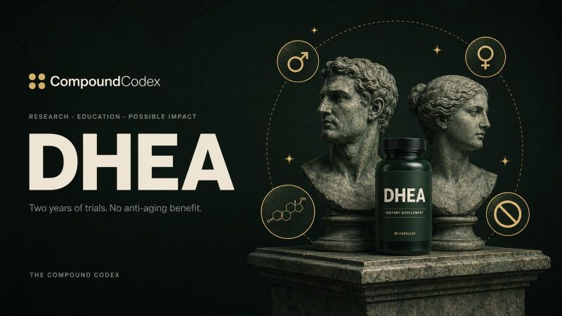 Title card reading DHEA, with two weathered stone busts behind a bottle of DHEA capsules, ringed by male and female symbols, a steroid molecule and a prohibition sign.