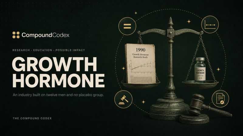 Title card reading Growth hormone, with a level balance scale weighing a 1990 research paper against a growth hormone vial, a gavel resting beside it.