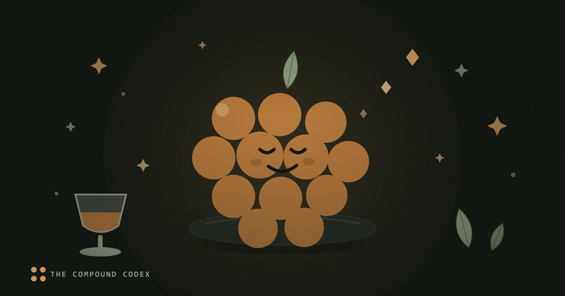A friendly grape cluster on a pedestal, beside a glass of wine and vine leaves