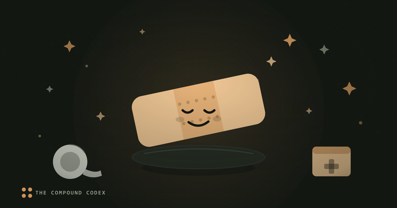 A friendly adhesive bandage character on a pedestal, beside a gauze roll and a first-aid tin