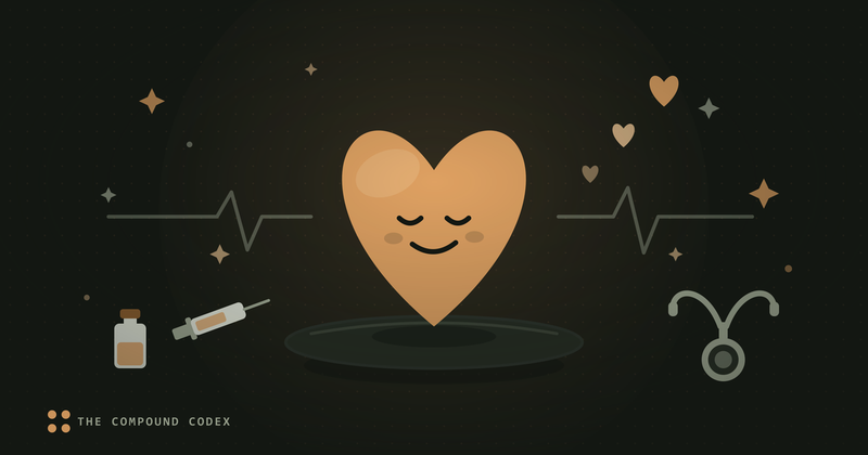 A friendly heart character on a pedestal with an ECG trace running behind it, a testosterone vial and syringe, and a stethoscope