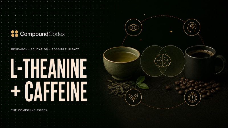 Title card reading L-theanine plus caffeine, with a cup of green tea and a mug of coffee either side of overlapping circles containing a brain.