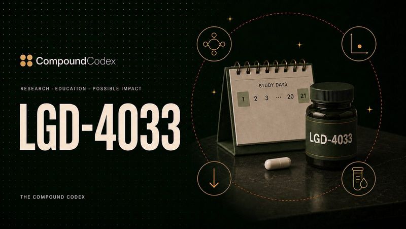 Title card reading LGD-4033, with a labelled bottle beside a desk calendar marked with twenty-one study days.