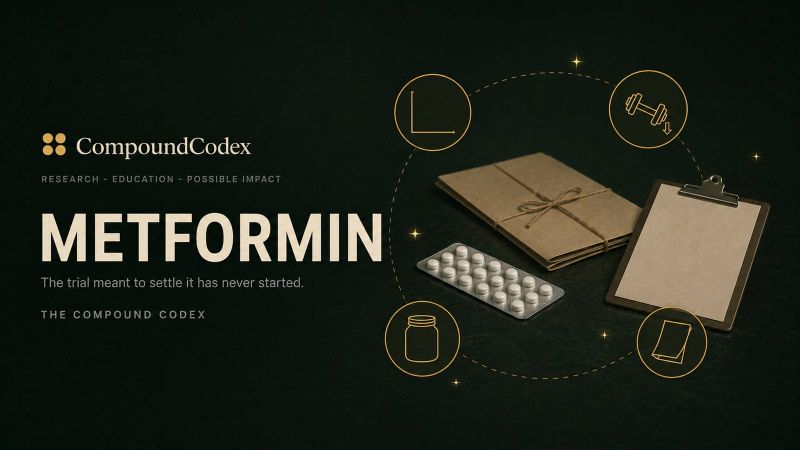 Metformin title card: foil tablets beside a research folder tied shut and a blank clipboard, ringed by an empty axis, a dumbbell with a downward arrow, an empty jar and a prescription slip.