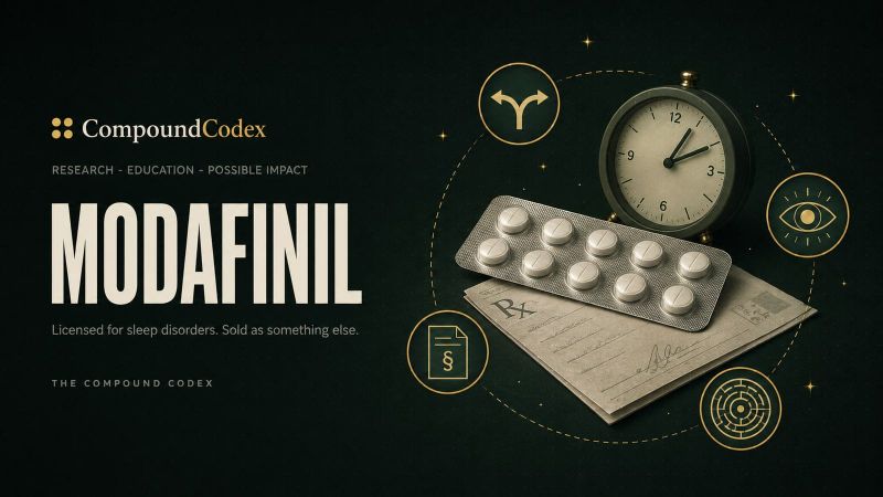 Modafinil title card: a blister pack of tablets on a prescription slip beside a desk clock, ringed by diverging arrows, an eye, a controlled-substance document and a maze.