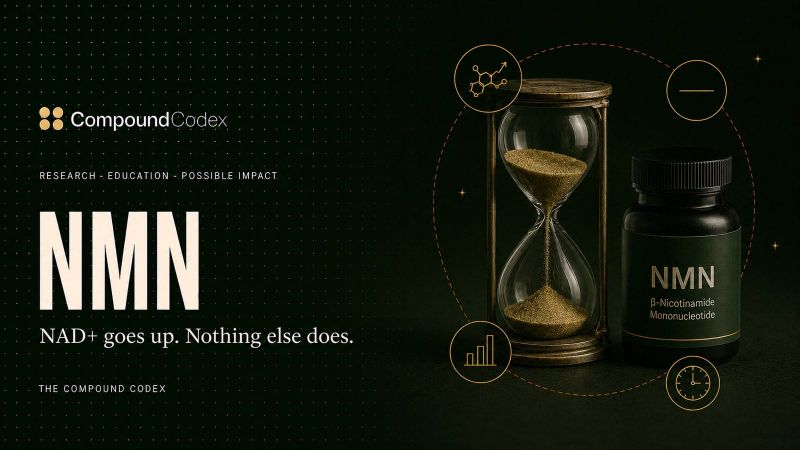 Title card reading NMN, with an hourglass beside a labelled bottle, ringed by a rising molecule icon and a flat horizontal line.