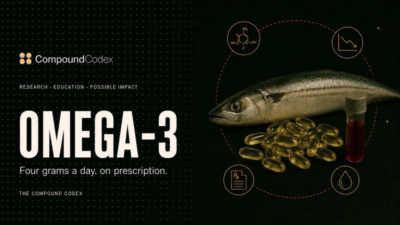 Title card reading Omega-3, with a fish beside gold softgel capsules and a blood sample vial, ringed by a lipid molecule and a falling chart.