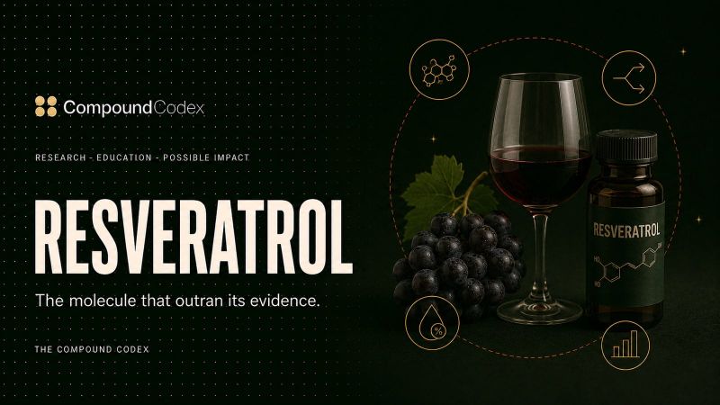 Title card reading Resveratrol, with dark grapes, a glass of red wine and a labelled vial, ringed by a molecular pathway and diverging arrows.