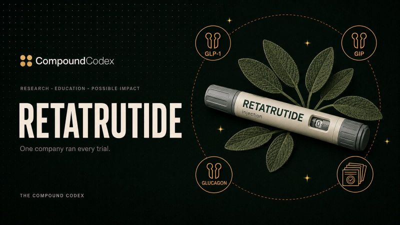 Title card reading Retatrutide, with a labelled injector pen ringed by GLP-1, GIP and glucagon receptor icons and a stack of identically sealed research papers.