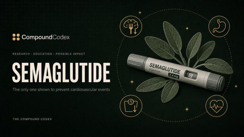 Title card reading Semaglutide, with a labelled injector pen on sage leaves, ringed by appetite, stomach, weight and heart icons.
