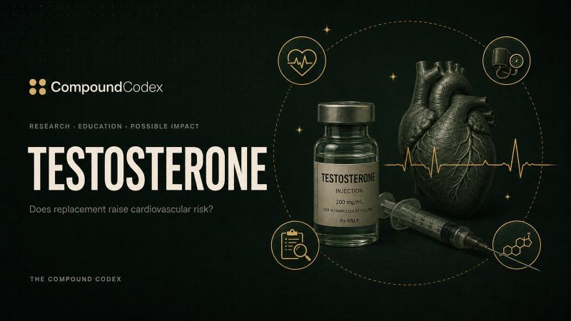 Title card reading Testosterone, with a labelled vial and syringe beside an anatomical heart crossed by an ECG trace.
