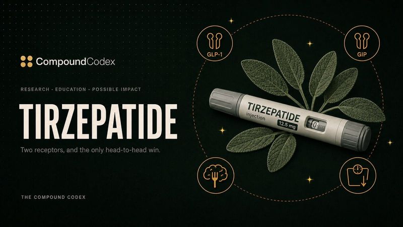 Title card reading Tirzepatide, with a labelled injector pen on sage leaves, ringed by GLP-1 and GIP receptor icons.