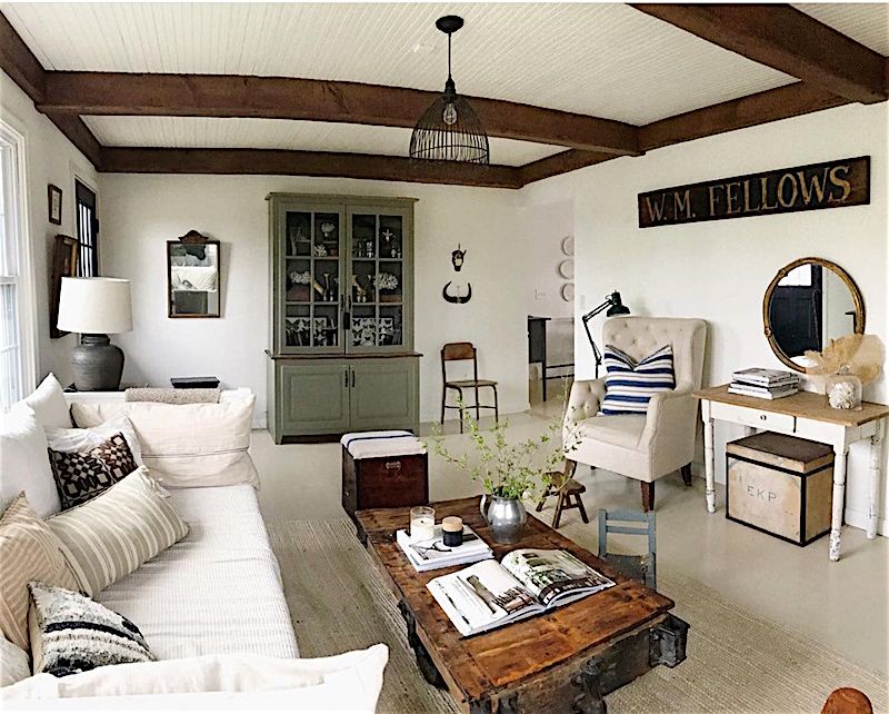 Modern country living room with industrial cart coffee table.