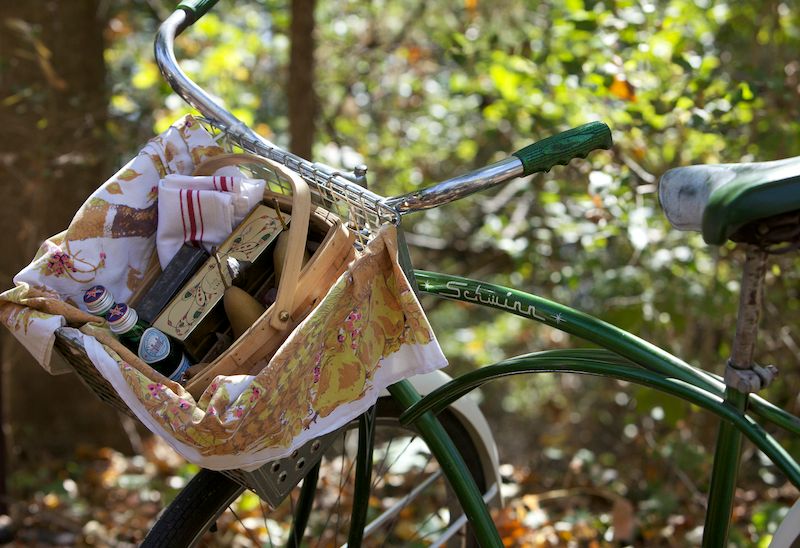 Vintage bike basket filled with goodies for a picnic.