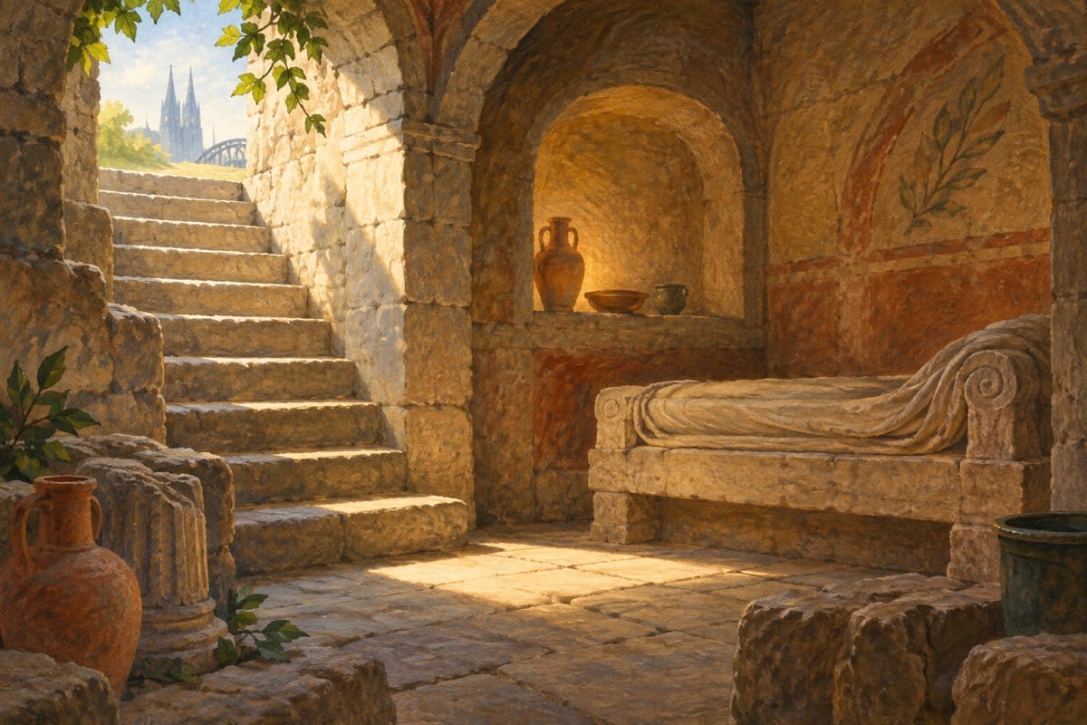 Illustration einer römischen Steinkammer mit Nische, Steinliege und Treppe.