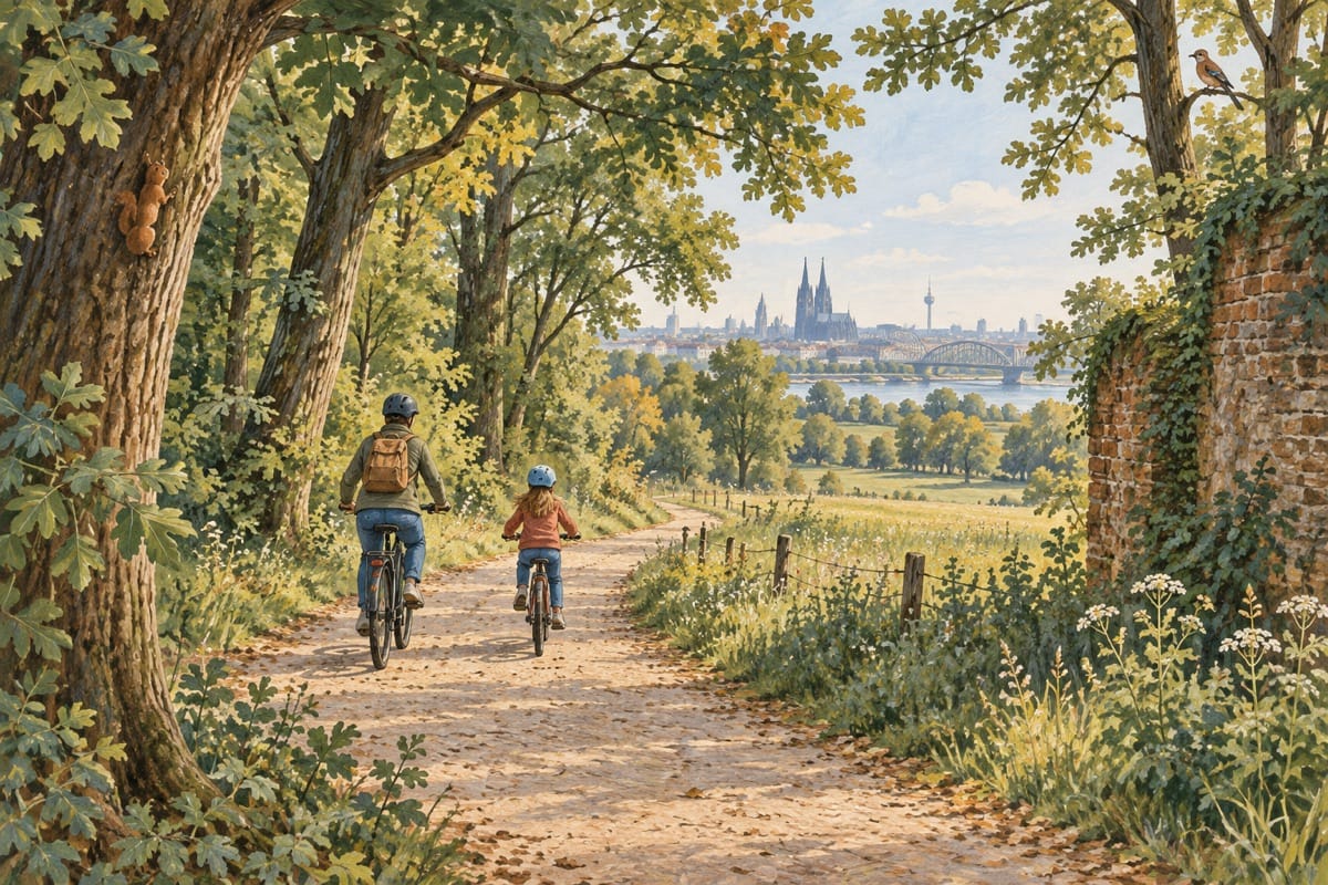 Illustration: Ein Elternteil und ein Kind radeln mit Helm durch einen grünen Wald.