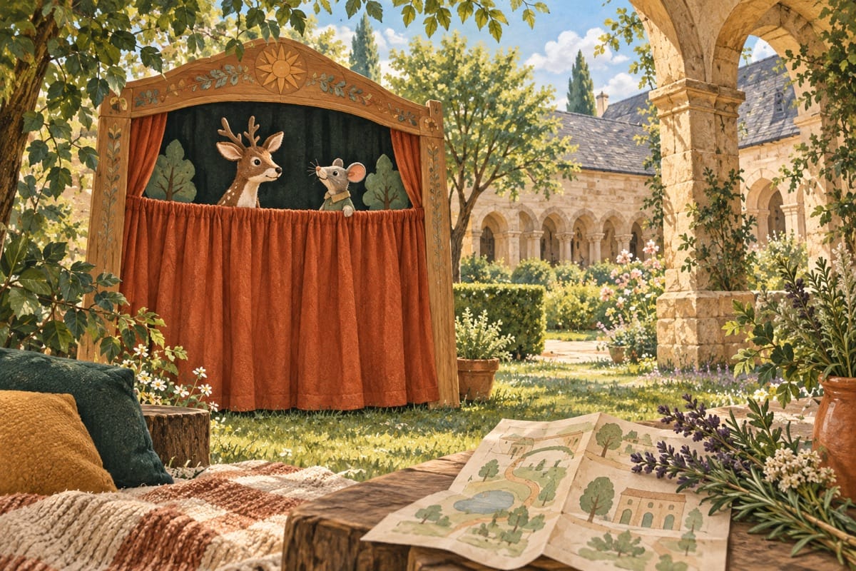 Illustration mit Hirsch- und Mauspuppen, Kräutern und einem alten Torbogen.