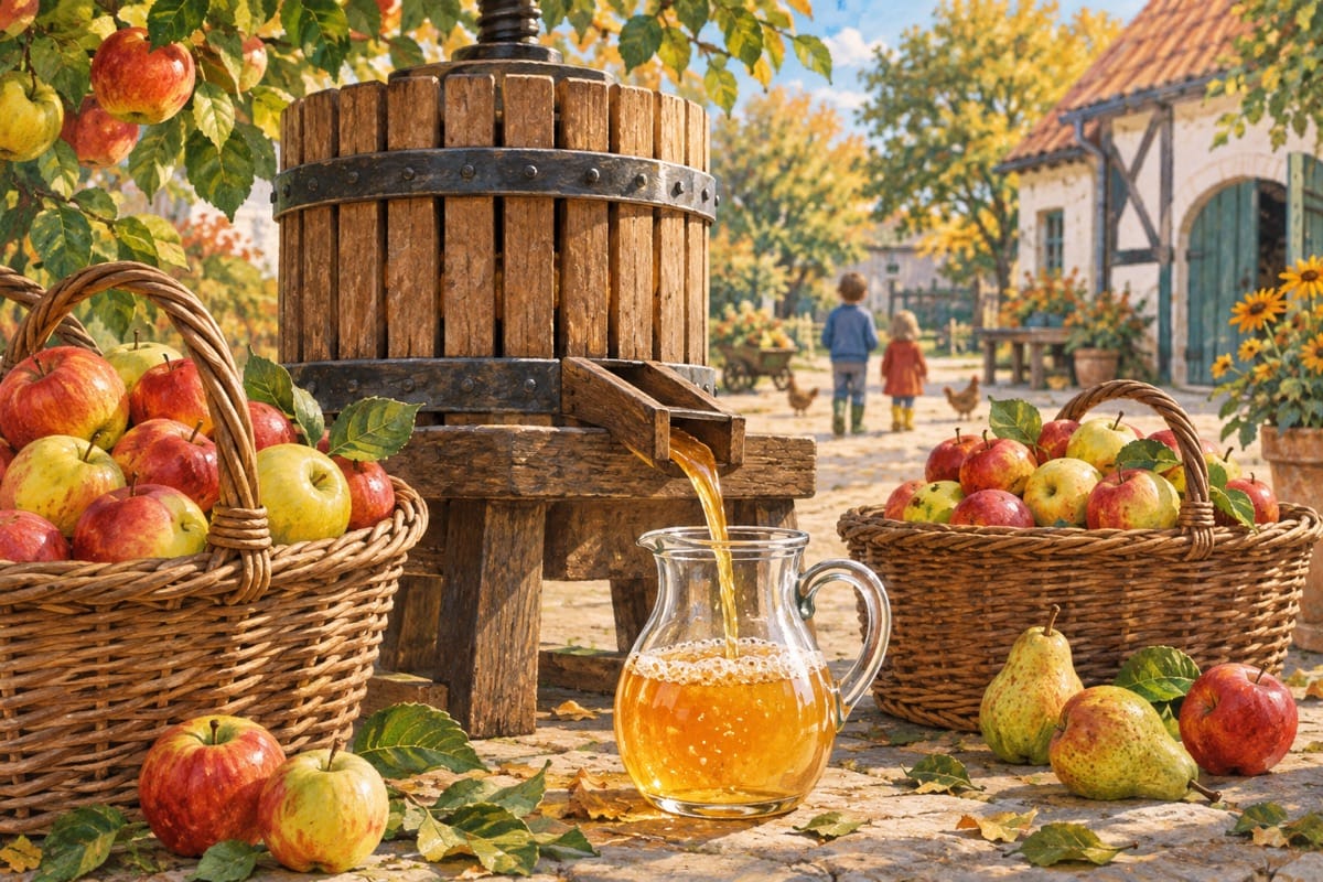 Illustration von Äpfeln, einer hölzernen Saftpresse und einem Krug Apfelsaft.