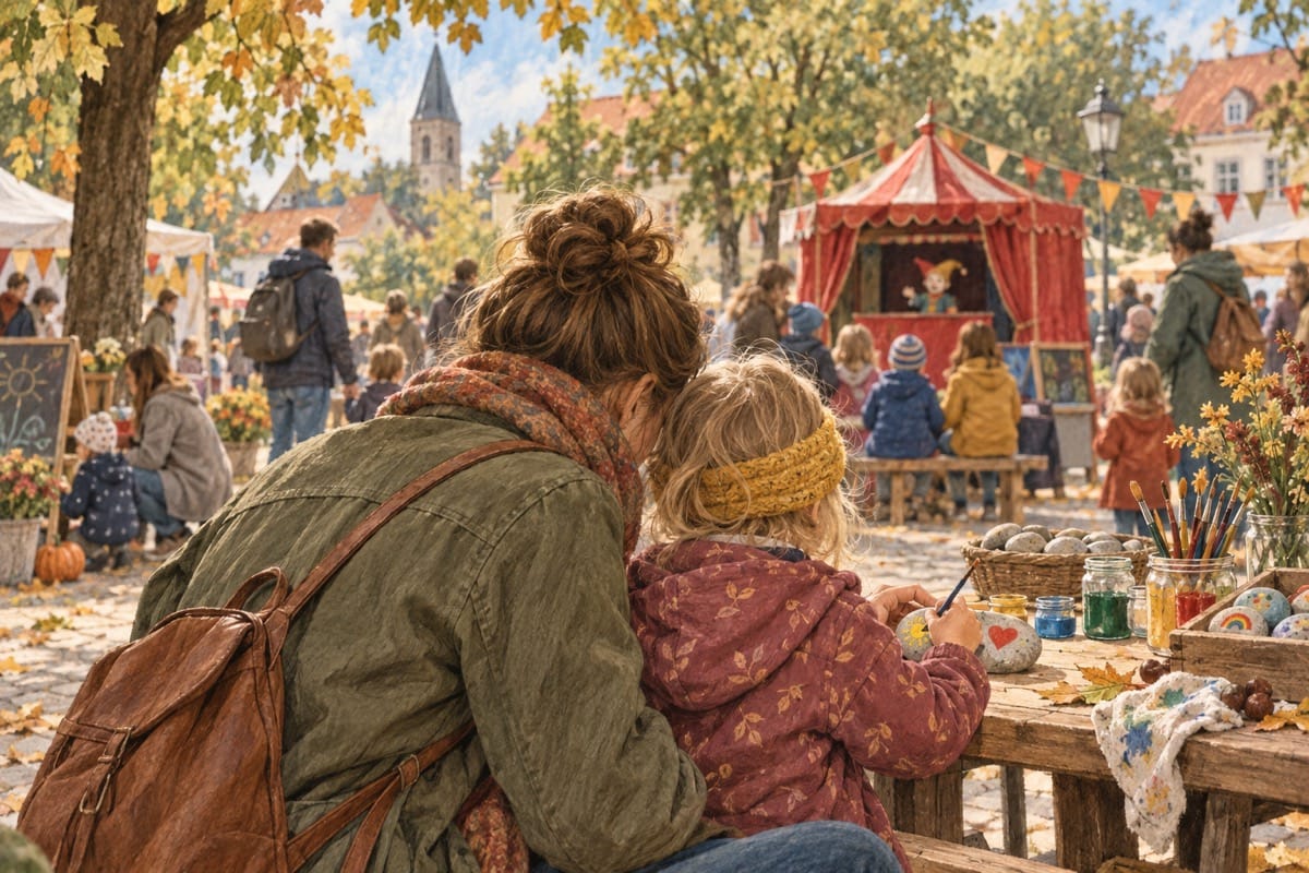 Eine Mutter und ihr Kind bemalen gemeinsam einen Stein auf einem Familienfest.