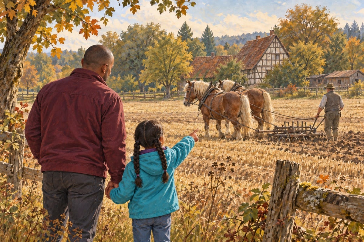 Ein Vater und seine Tochter mit dunklen Zöpfen beobachten Hand in Hand die Kaltblutpferde.