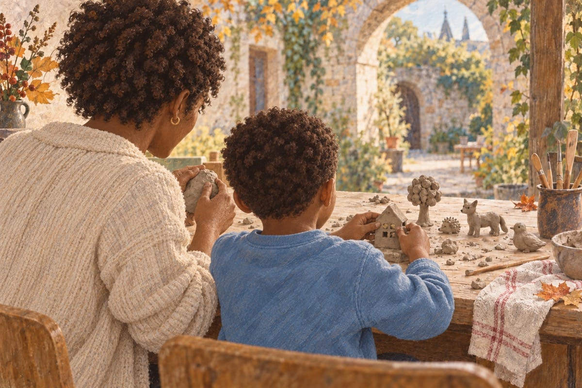 Eine Mutter mit kurzen Locken und ihr Sohn formen gemeinsam Figuren aus Ton.