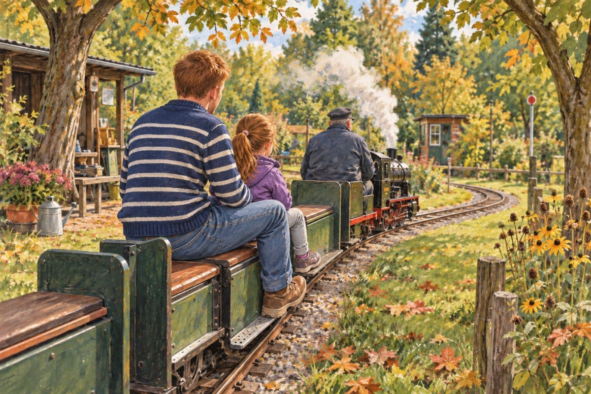 Ein rothaariger Vater und seine Tochter fahren gemeinsam auf einer kleinen Dampfbahn.