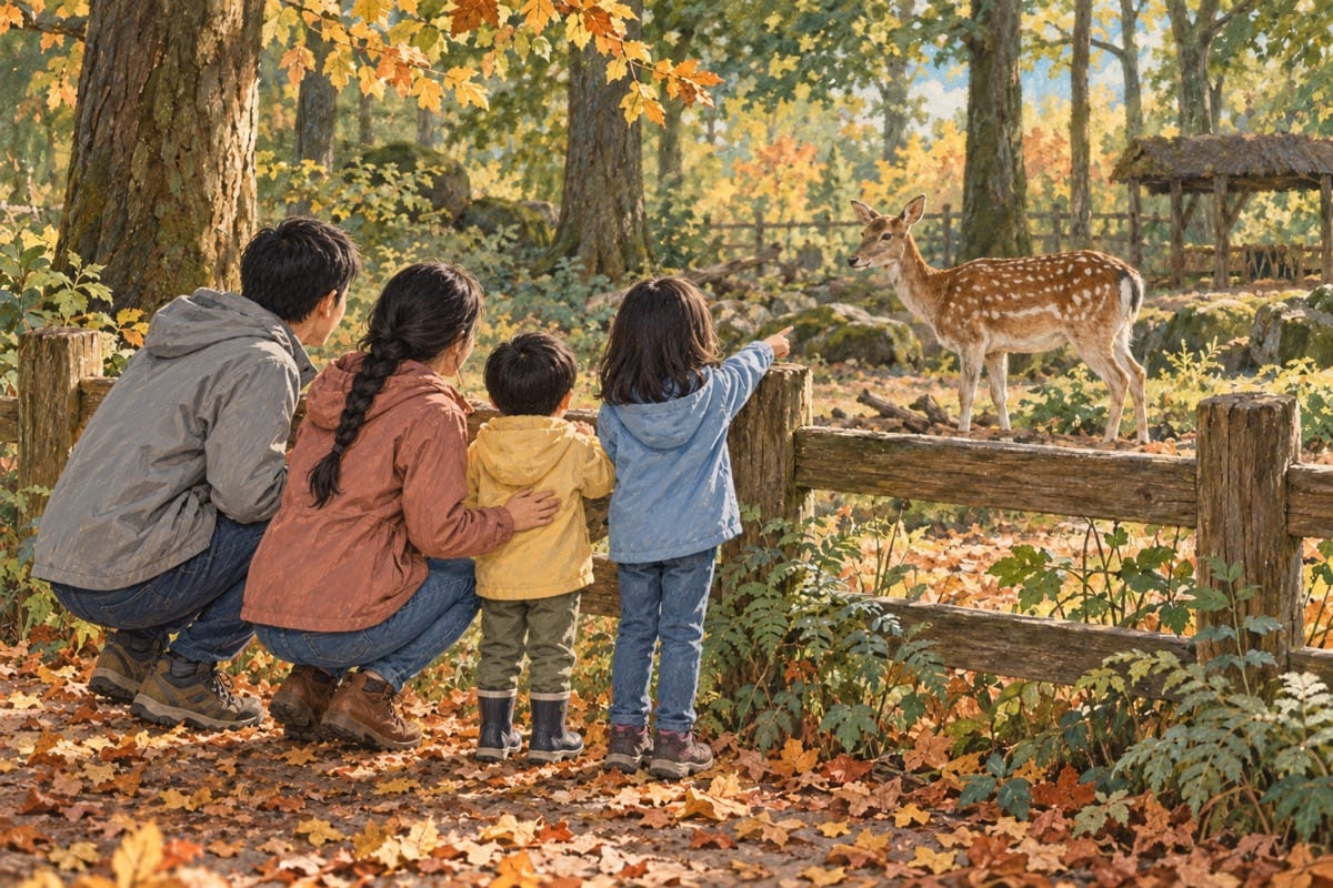 Zwei Eltern und ihre beiden Kinder beobachten einen Damhirsch hinter dem Gehegezaun.