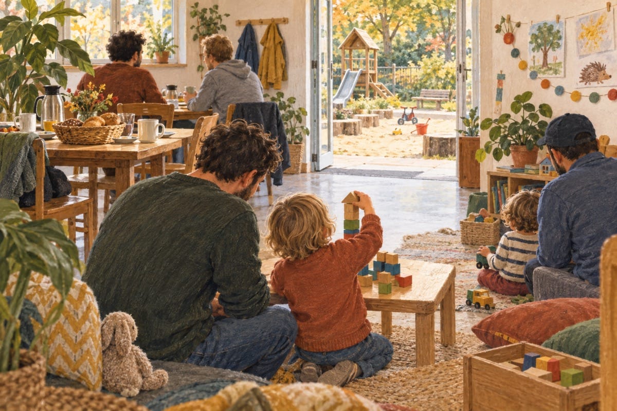 Väter verbringen beim Frühstück und gemeinsamen Spielen Zeit mit ihren Kindern.