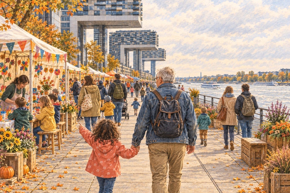 Ein Großvater und seine Enkelin besuchen das Familienfest auf der Promenade neben den Kranhäusern; der Rhein liegt rechts davon.