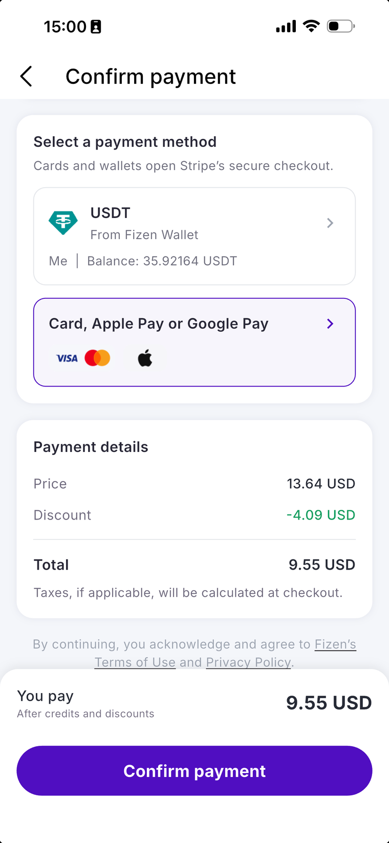 Fizen eSIM Confirm payment screen showing USDT and Card, Apple Pay or Google Pay options