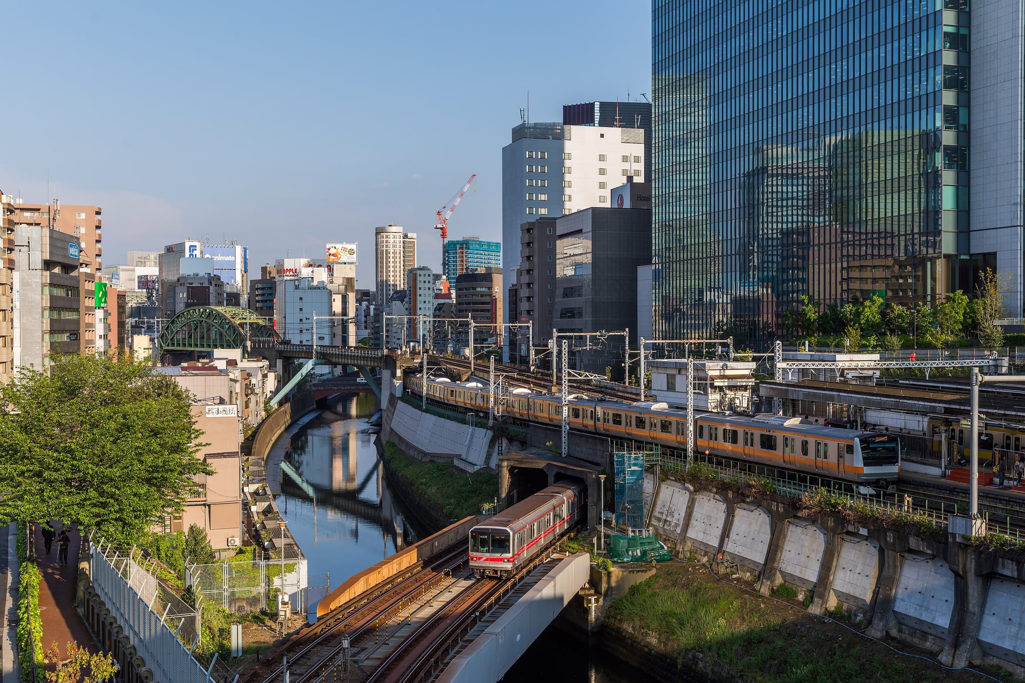 Tokyo Metro and JR East trains passing at Ochanomizu in Tokyo