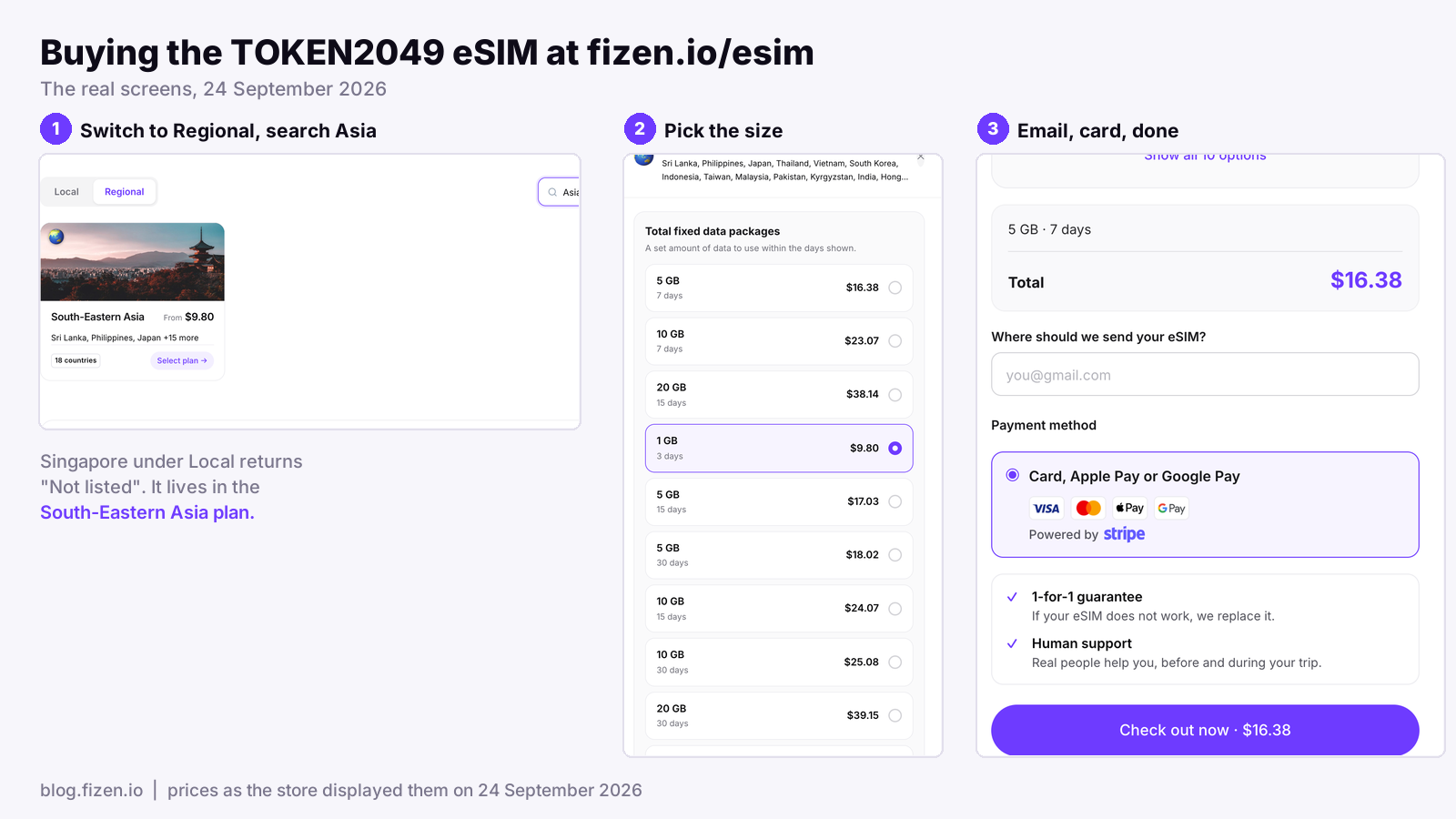 The fizen.io/esim web store: the Regional tab with the South-Eastern Asia plan, the list of data packages with prices, and the checkout with email and card payment