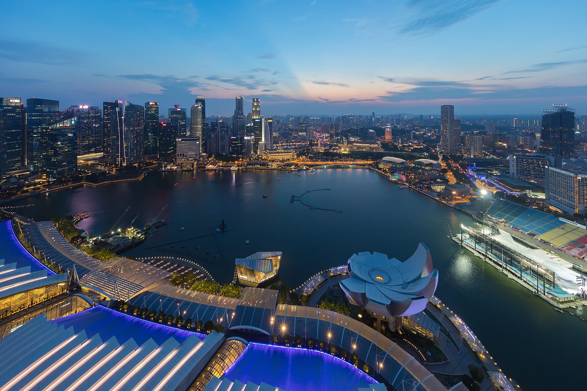 Singapore CBD skyline at dusk seen from Marina Bay