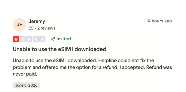 One star Trustpilot reviews of a travel eSIM brand: no service on arrival, bot support, an unpaid refund