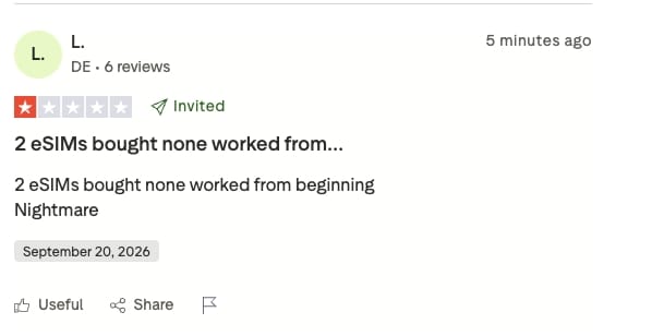 One star Trustpilot reviews of a travel eSIM brand: no service on arrival, bot support, an unpaid refund