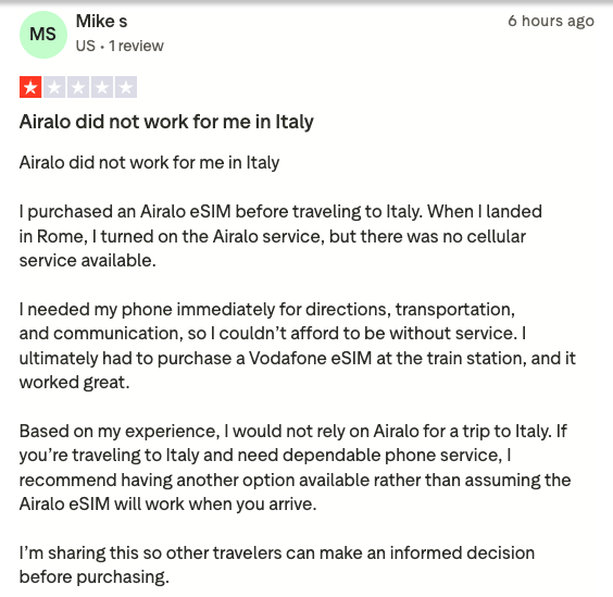 One star Trustpilot reviews of a travel eSIM brand: no service on arrival, bot support, an unpaid refund