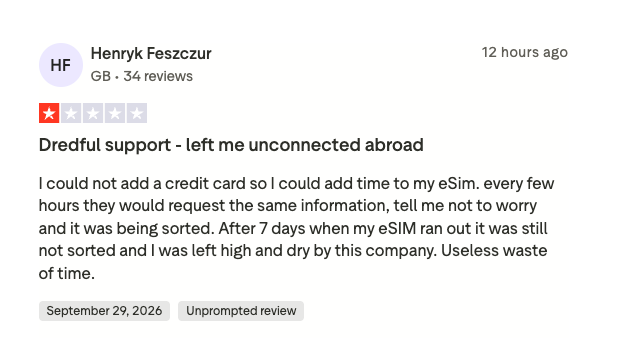 One star Trustpilot reviews of a travel eSIM brand: no service on arrival, bot support, an unpaid refund