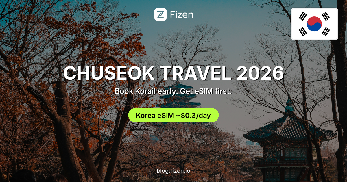 Fizen banner: CHUSEOK TRAVEL 2026 over Gyeongbokgung Jibokjae autumn palace, one South Korea flag, Korea eSIM about $0.3/day