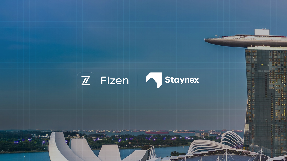 Fizen and Staynex logos over the Marina Bay skyline, Singapore