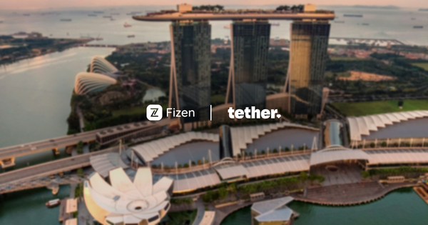 Fizen and Tether logos centred over a daytime view of Marina Bay, Singapore