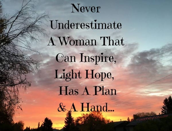 Inspirational sunset quote graphic about a woman who inspires, lights hope, and has a plan, supporting Facebook keyword strategy, online visibility, and make money from home motivation.
