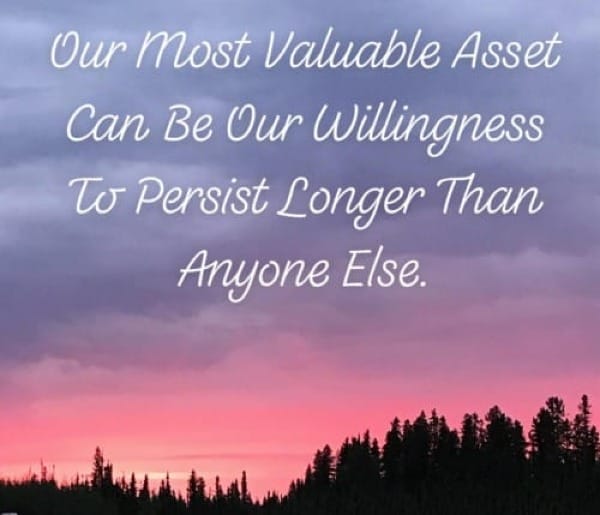 Motivational quote over a pink and purple sunset sky, representing persistence, consistency, and long-term visibility in Facebook SEO and social media search optimization.
