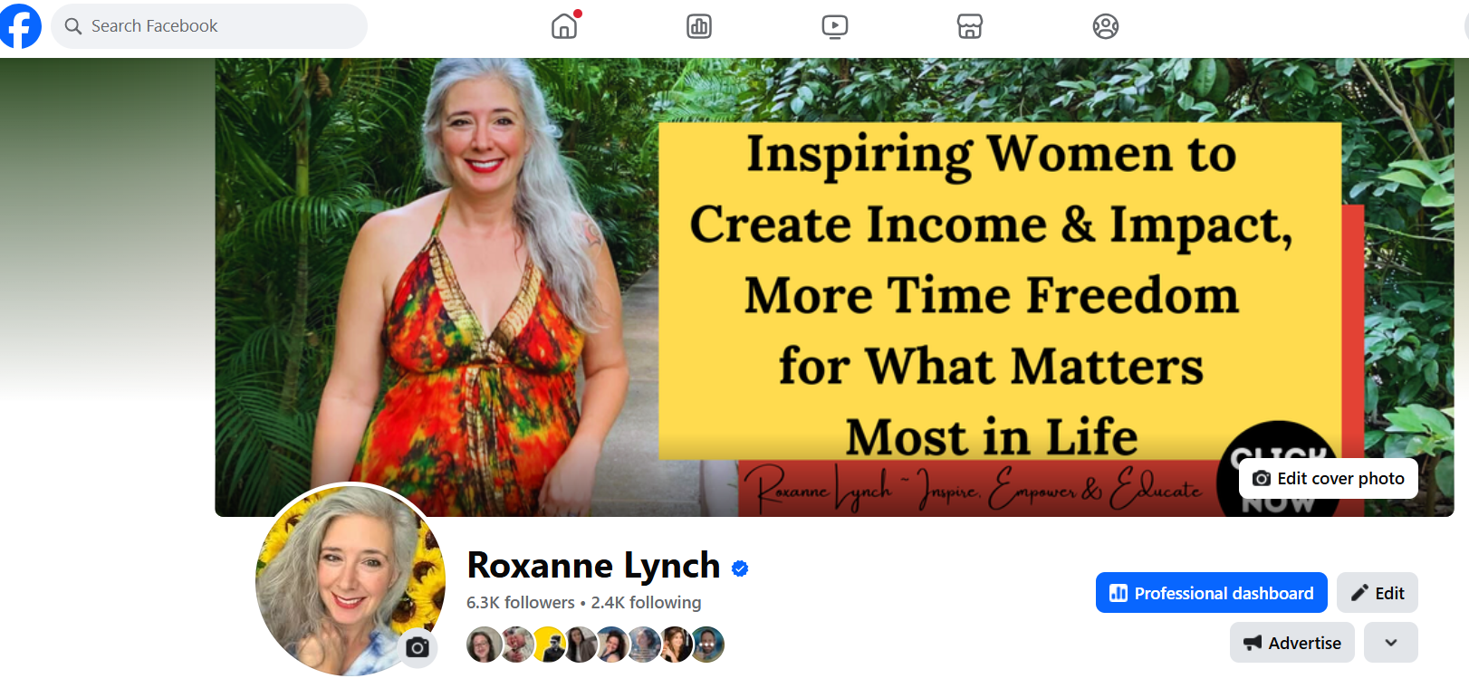 Roxanne Lynch, Facebook profile screenshot with branded cover image about helping women create income and time freedom, supporting Facebook search optimization, profile keywords, and digital marketing for beginners.