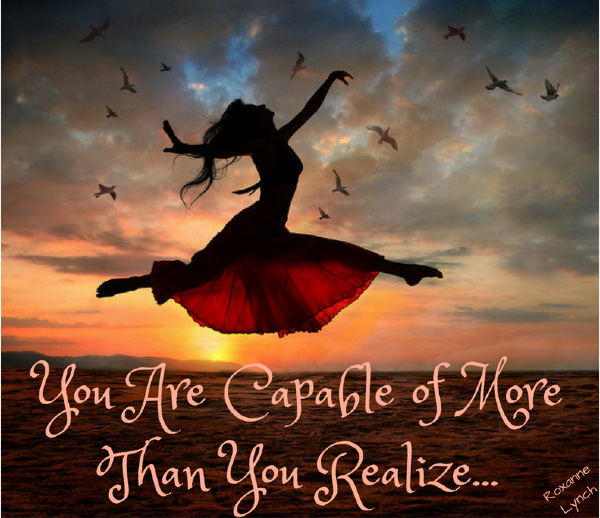 Motivational sunset graphic of a woman jumping with the quote “You are capable of more than you realize,” supporting Facebook keyword strategy, visibility, and make money from home confidence.