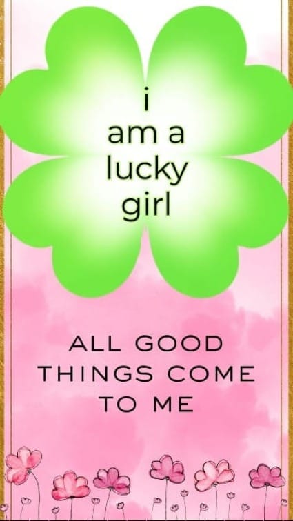 Lucky girl affirmation quote graphic for March with St. Patrick’s Day theme, money manifestation, financial abundance and make money from home inspiration for women over 40, shamrock and green theme