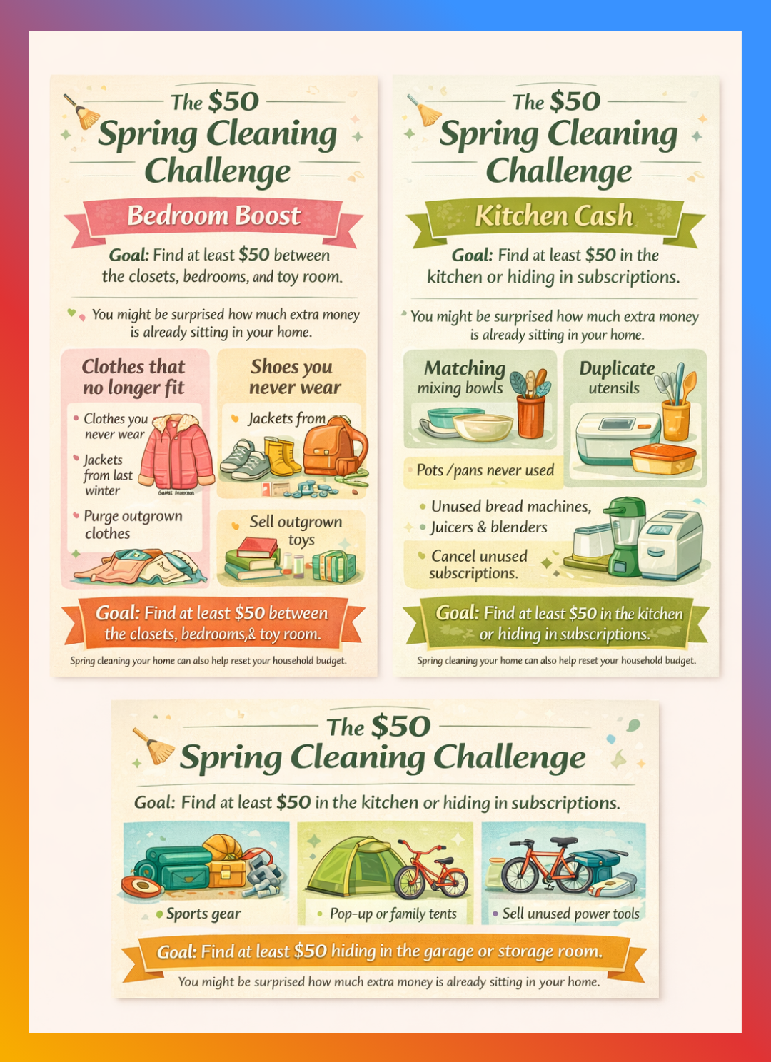 Three spring cleaning infographics showing ways to declutter bedrooms, kitchens, and garages to find extra money at home and create simple extra income from home ideas.