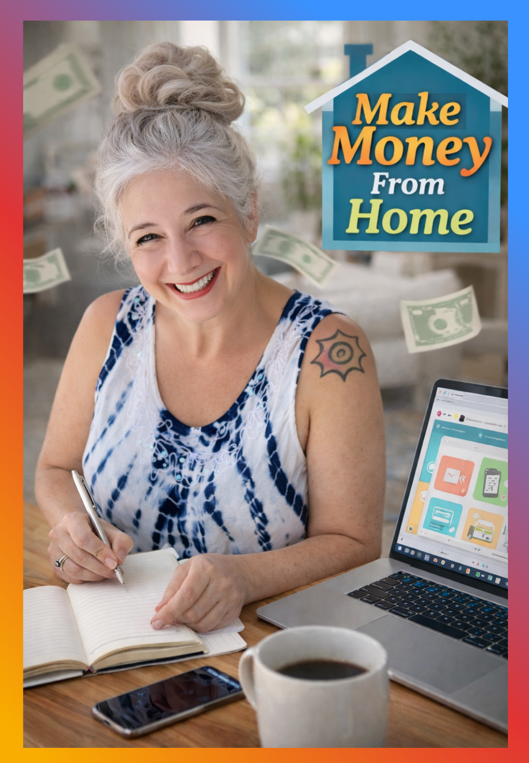 Roxanne Lynch working from home with laptop and notebook while exploring simple online income ideas, illustrating how many women are choosing easier ways to make money from home.